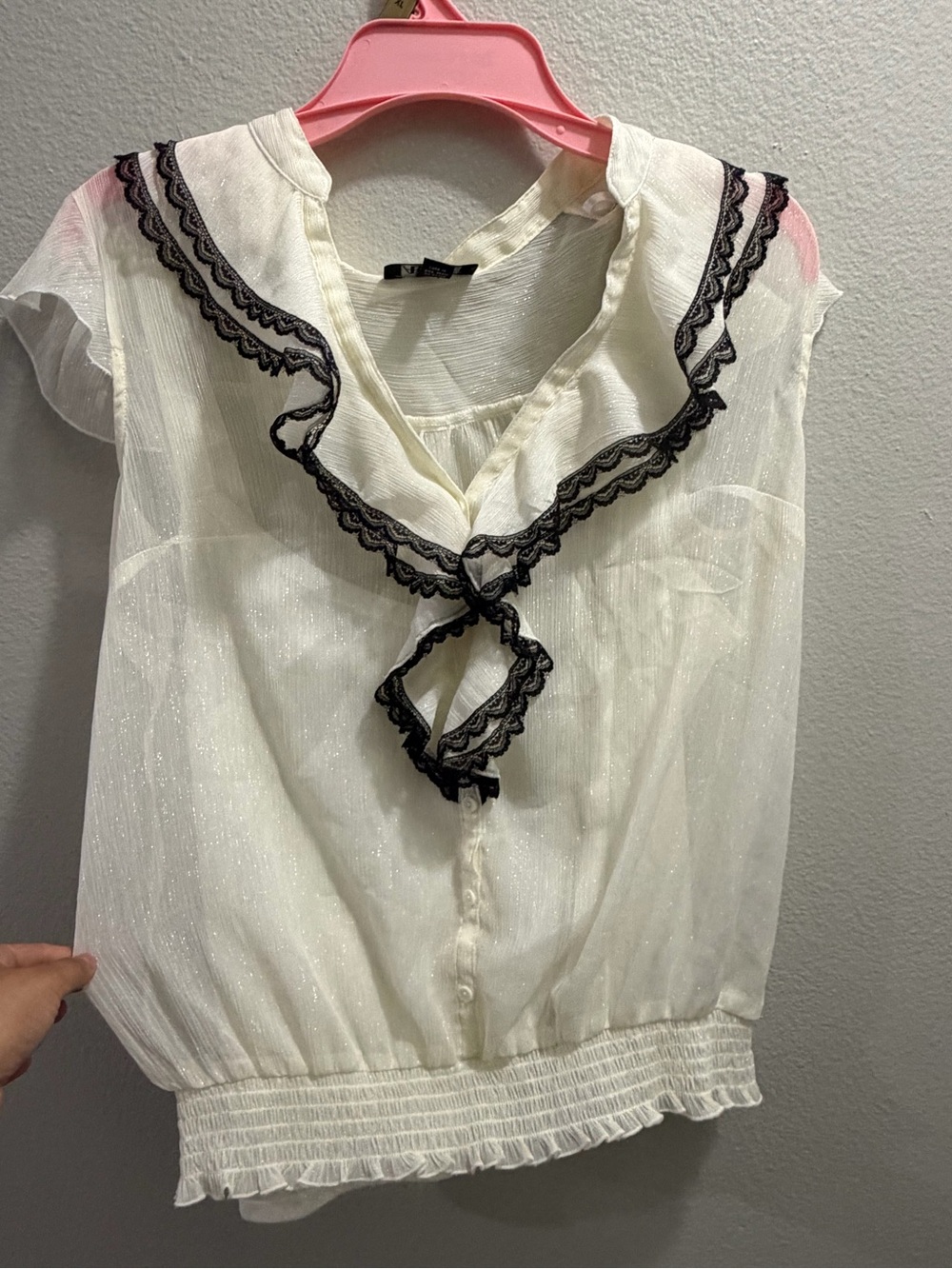 White Sleeveless Ruffle Blouse with Black Lace Trim XL